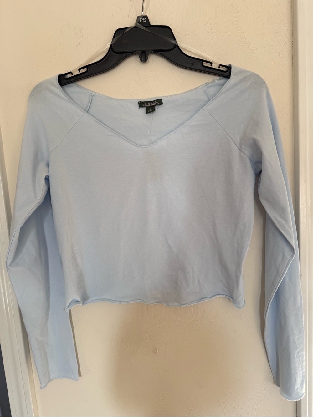 wild fable Light Blue V-Neck Cropped Long Sleeve cotton Top